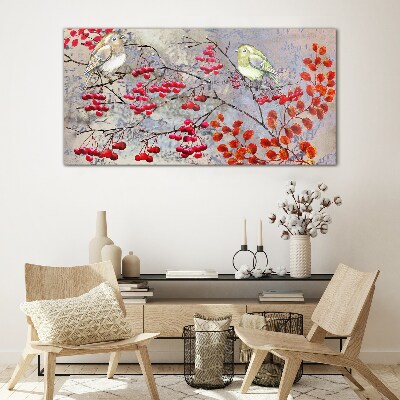 Birds on a branch with fruit Wall art on glass