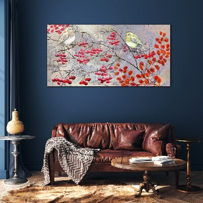 Birds on a branch with fruit Wall art on glass