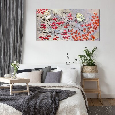 Birds on a branch with fruit Wall art on glass