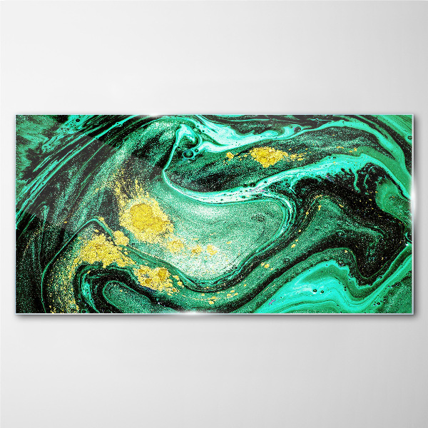 Gold accents on a green background Glass art print