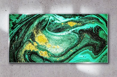 Gold accents on a green background Glass art print