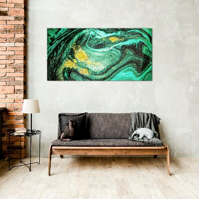 Gold accents on a green background Glass art print