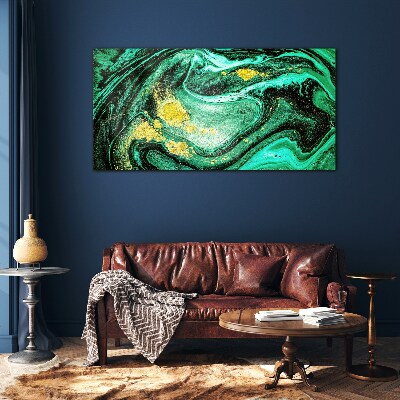 Gold accents on a green background Glass art print
