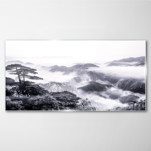 Misty mountain panorama Glass art print