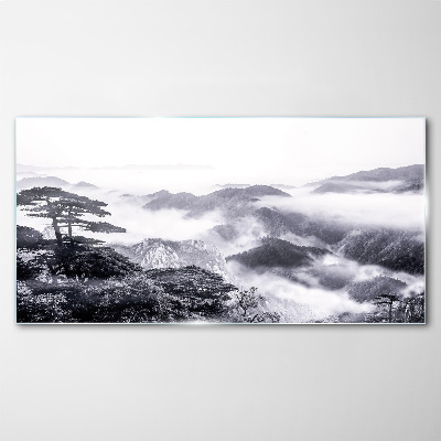 Misty mountain panorama Glass art print