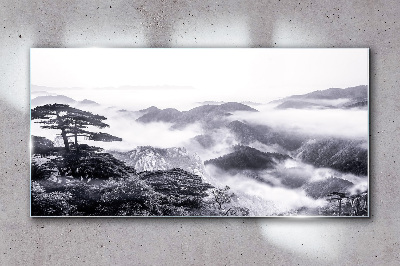 Misty mountain panorama Glass art print