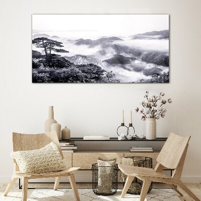 Misty mountain panorama Glass art print