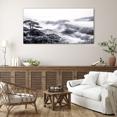 Misty mountain panorama Glass art print