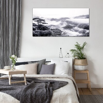 Misty mountain panorama Glass art print