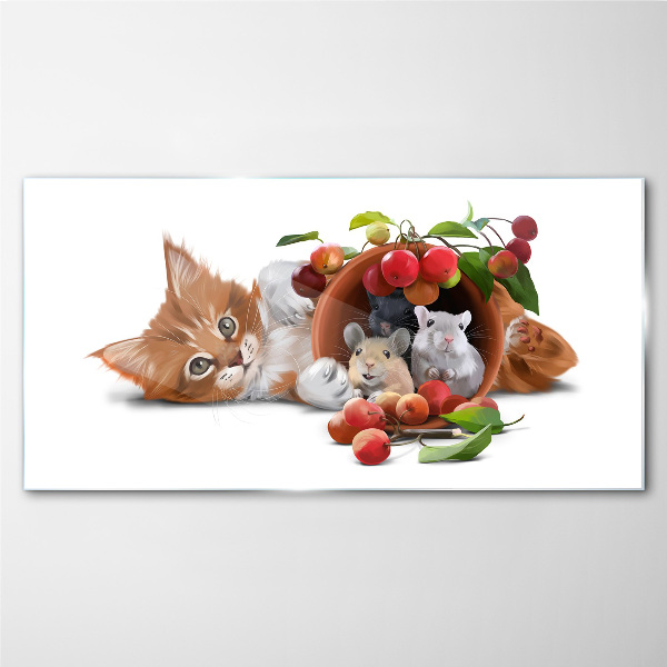 Cat with mice and fruit Wall art on glass