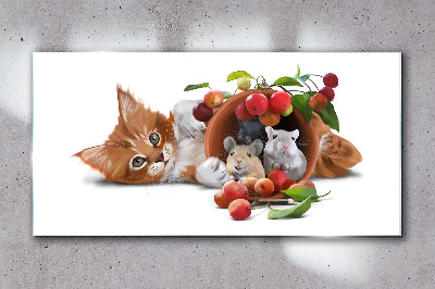 Cat with mice and fruit Wall art on glass