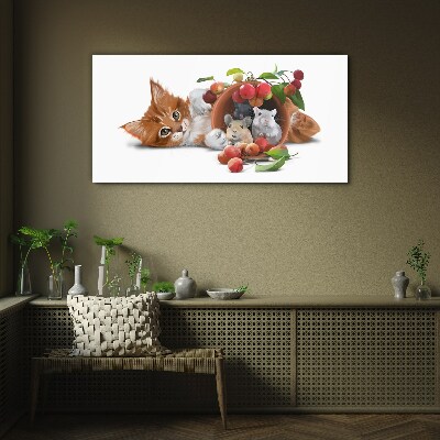 Cat with mice and fruit Wall art on glass