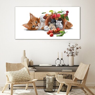 Cat with mice and fruit Wall art on glass