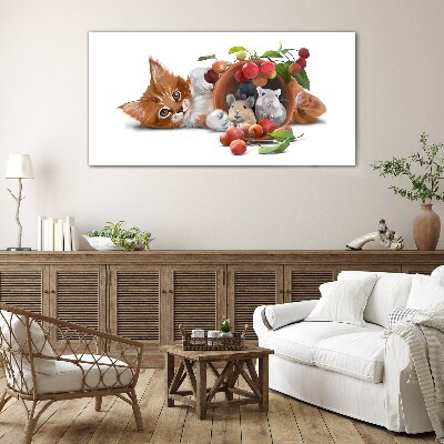 Cat with mice and fruit Wall art on glass
