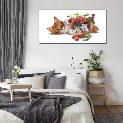 Cat with mice and fruit Wall art on glass
