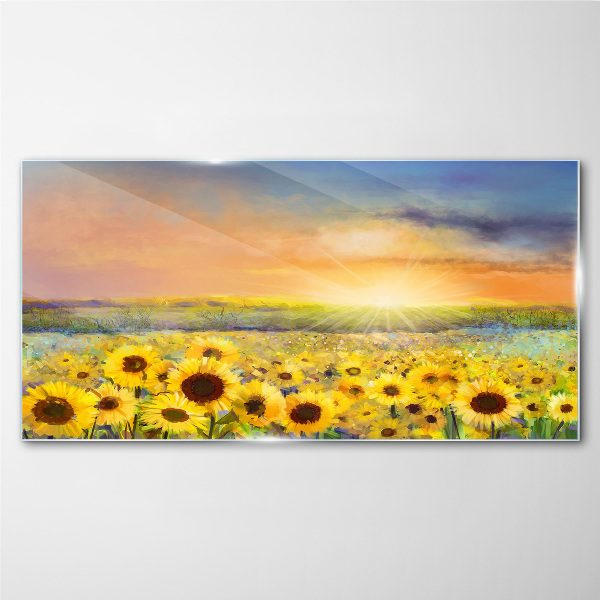 Sunny flower field Wall art on glass