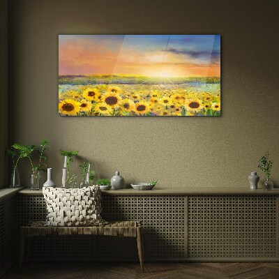 Sunny flower field Wall art on glass