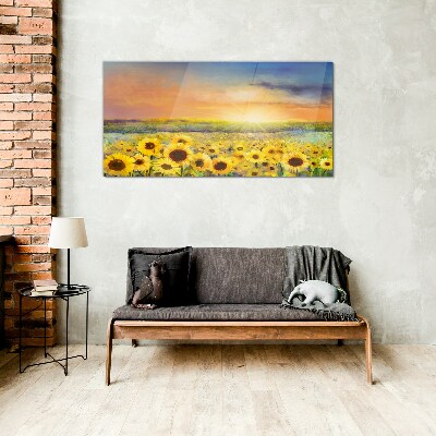 Sunny flower field Wall art on glass