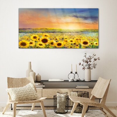 Sunny flower field Wall art on glass