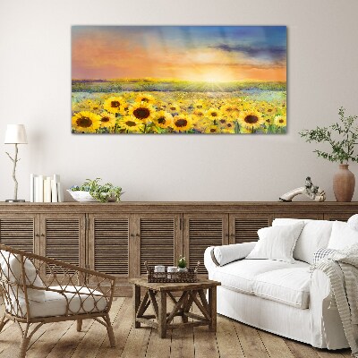 Sunny flower field Wall art on glass
