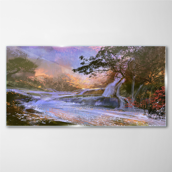 Peaceful landscape with a waterfall Glass art print