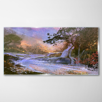 Peaceful landscape with a waterfall Glass art print
