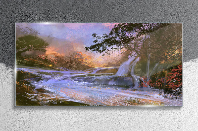 Peaceful landscape with a waterfall Glass art print