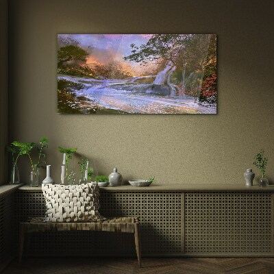 Peaceful landscape with a waterfall Glass art print