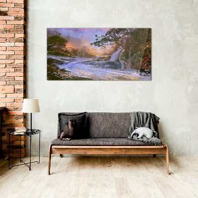 Peaceful landscape with a waterfall Glass art print