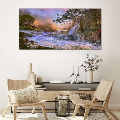 Peaceful landscape with a waterfall Glass art print