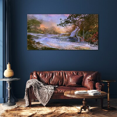 Peaceful landscape with a waterfall Glass art print