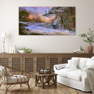Peaceful landscape with a waterfall Glass art print