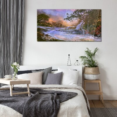 Peaceful landscape with a waterfall Glass art print