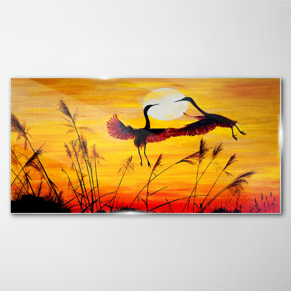 Dancing cranes at sunset Glass art print