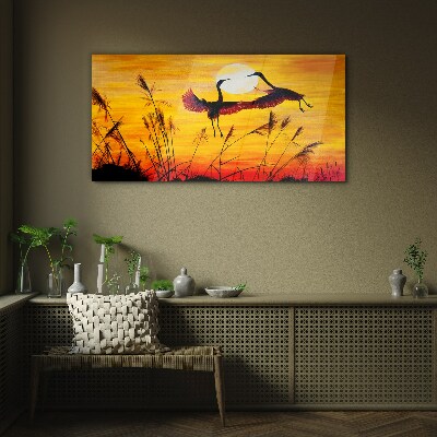 Dancing cranes at sunset Glass art print
