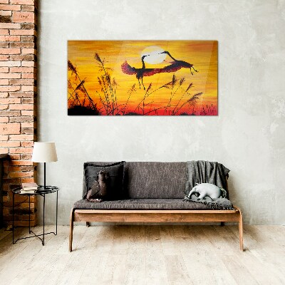 Dancing cranes at sunset Glass art print