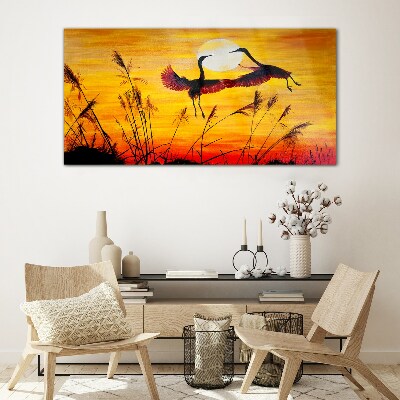 Dancing cranes at sunset Glass art print