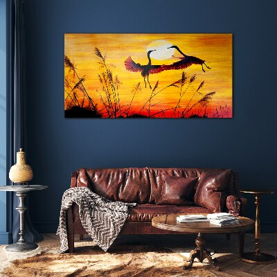 Dancing cranes at sunset Glass art print