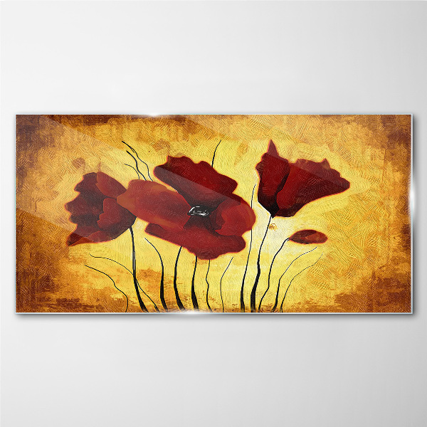 Red poppies on a yellow background Wall art on glass