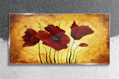 Red poppies on a yellow background Wall art on glass