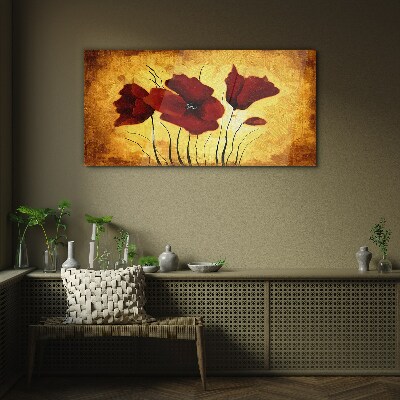 Red poppies on a yellow background Wall art on glass