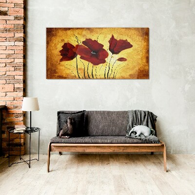 Red poppies on a yellow background Wall art on glass