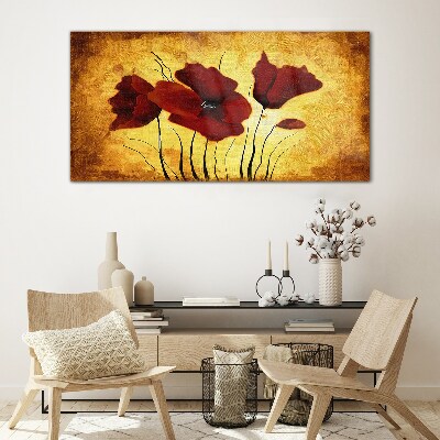 Red poppies on a yellow background Wall art on glass