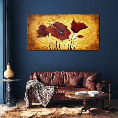 Red poppies on a yellow background Wall art on glass