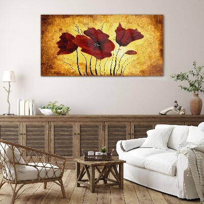 Red poppies on a yellow background Wall art on glass