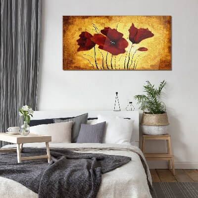 Red poppies on a yellow background Wall art on glass