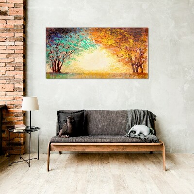 Golden Trees in the Morning Light Wall art on glass