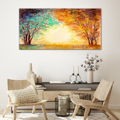 Golden Trees in the Morning Light Wall art on glass