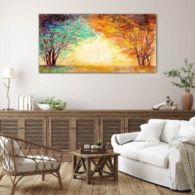Golden Trees in the Morning Light Wall art on glass