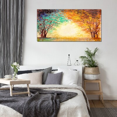 Golden Trees in the Morning Light Wall art on glass